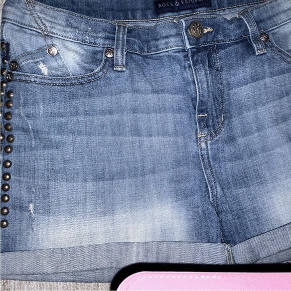 Rock & Republic Distressed Blue Jean Shorts with Studs - Picture 4 of 16